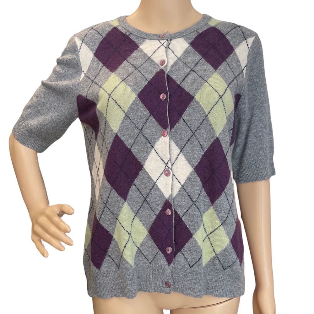 CASHMERE CACHE Gray Argyle Cardigan 2 Ply Cashmere Sweater Button Short Sleeve L